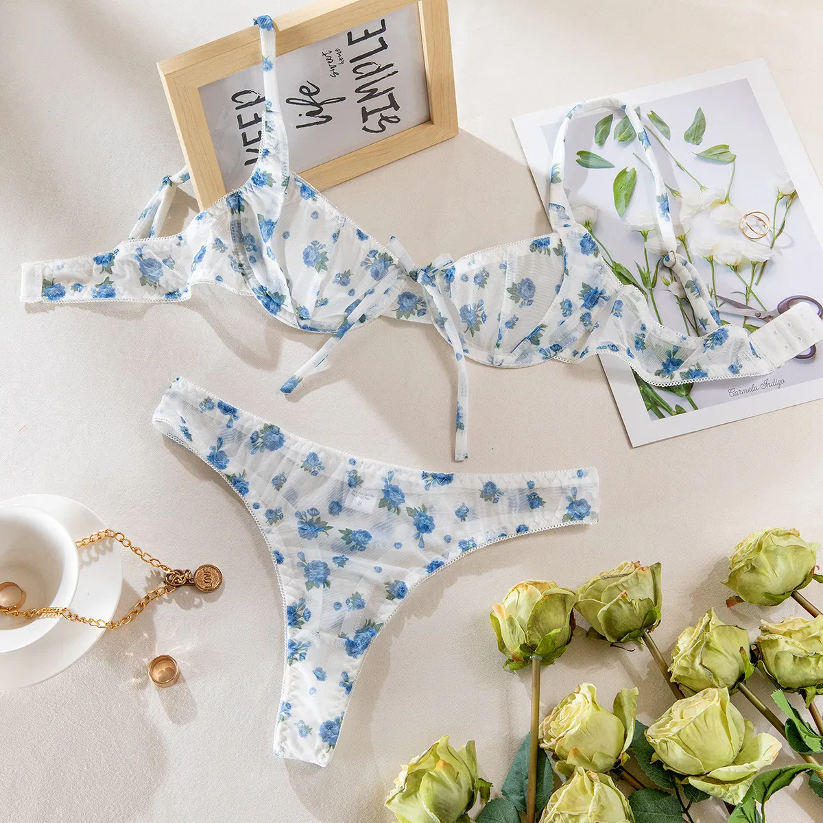 Wholesale Floral Print See Through Mesh Underwear Set New Luxury Ultra-Thin 2PCS Lingerie