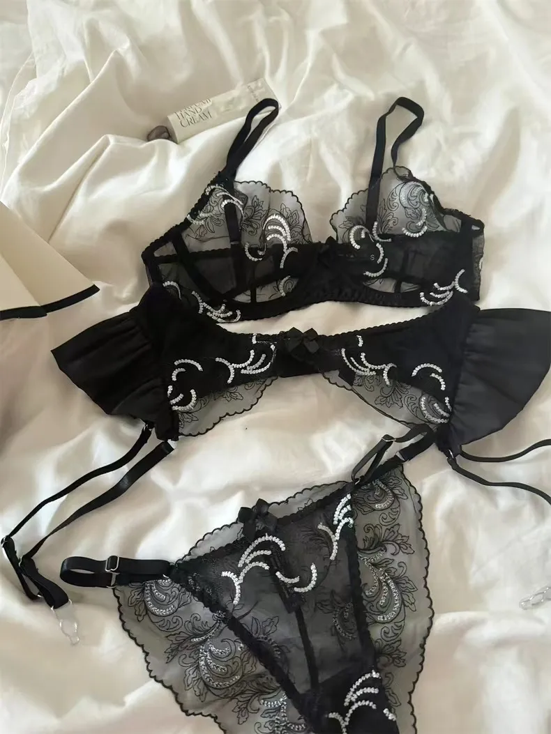 Sexy Embroidery Lace Erotic Bra Set See-Through Garter Belt Women Desire Lingerie
