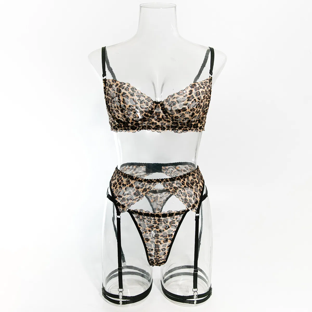 Wholesale Leopard Printed See-Through Mesh Underwear Set Sexy V Neck Lingerie Set
