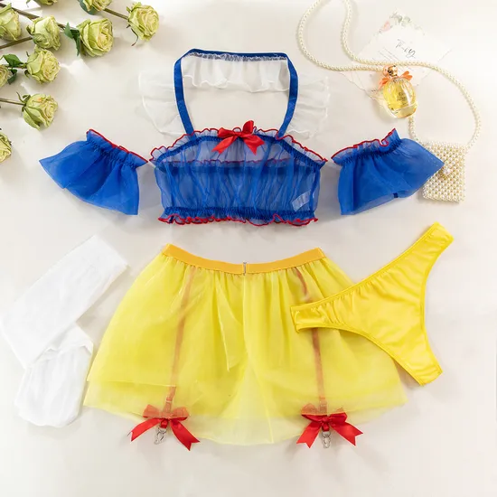 Sexy See-Through Mesh Skirt Role Play Woman's Underwear Set Wholesale Hanging Neck Lingerie