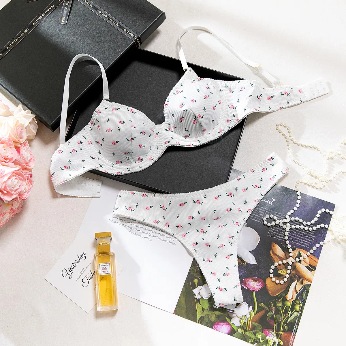 Sexy Flower Print Women's Underwear Set for Summer Wholesale Erotic 2PCS Lingerie