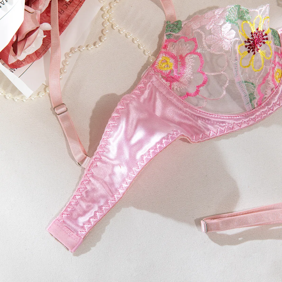 Sexy Floral Embroidery Woman Bra Set Wholesale Transparent Thin Satin Two-Piece Lingerie