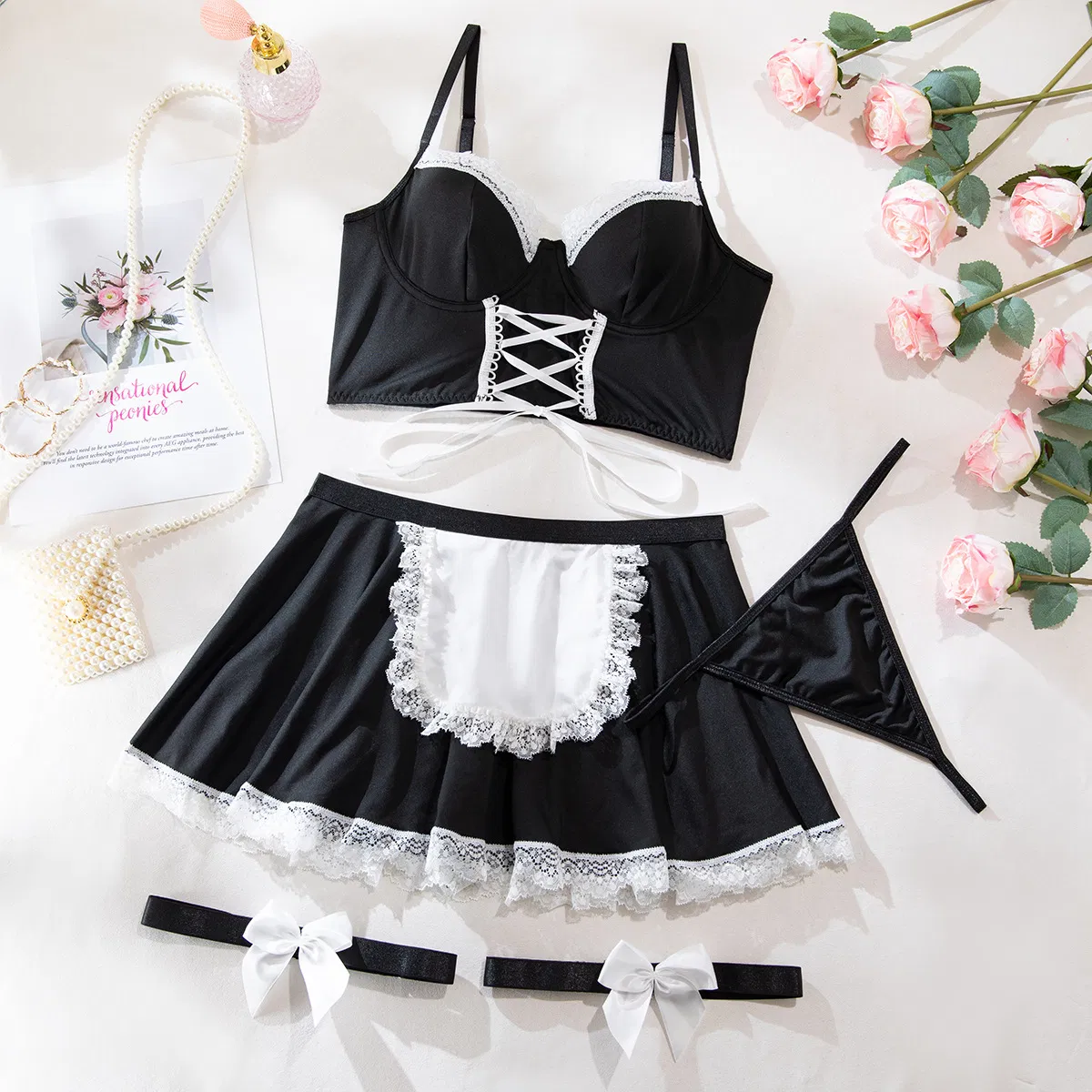 Sexy Cross Strap Dress Underwear Set Wholesale Temptation Maid Four Piece Lingerie