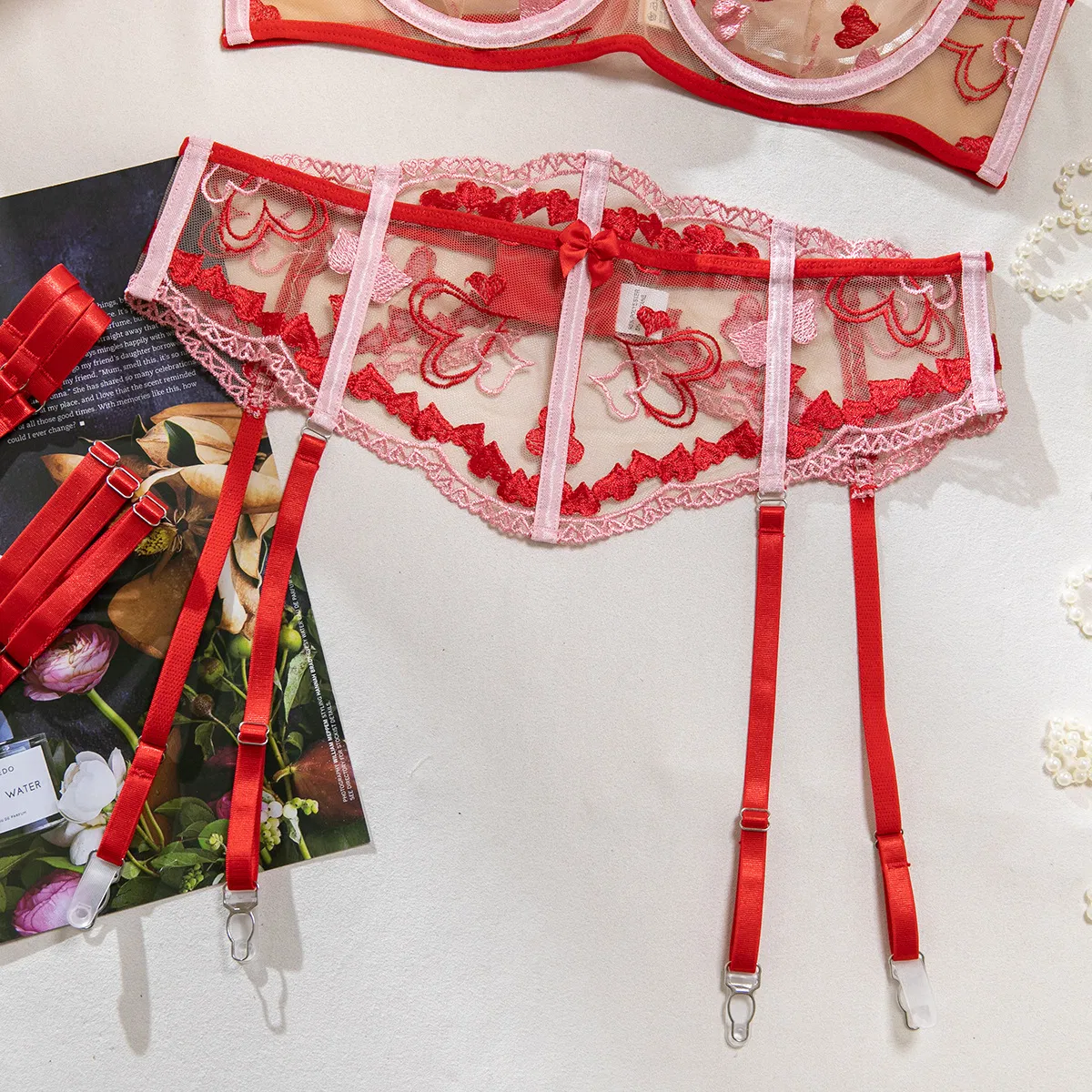 New Erotic Love Embroidery Underwear Set Sexy Transparent Mesh Fishbone Waist Lingerie