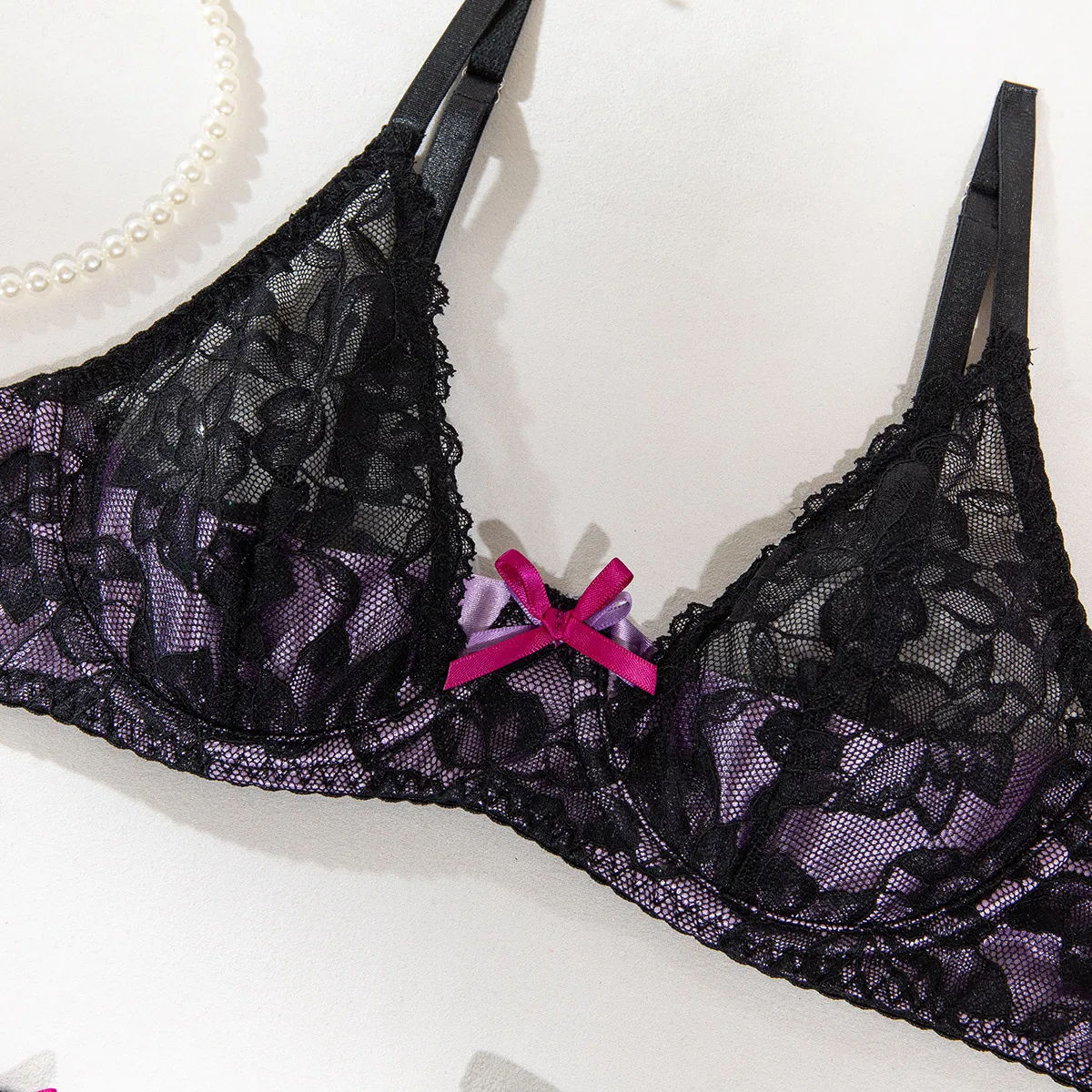 Sexy Embroidered Lace Deep V Bra Set with Stocking New Transparent Women Lingerie
