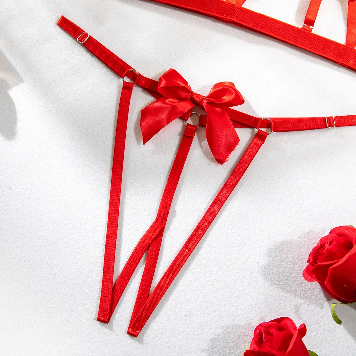 Wholesale New Woman Bra Panty Set Sexy Bow Hollow out Bondage Open Lingerie