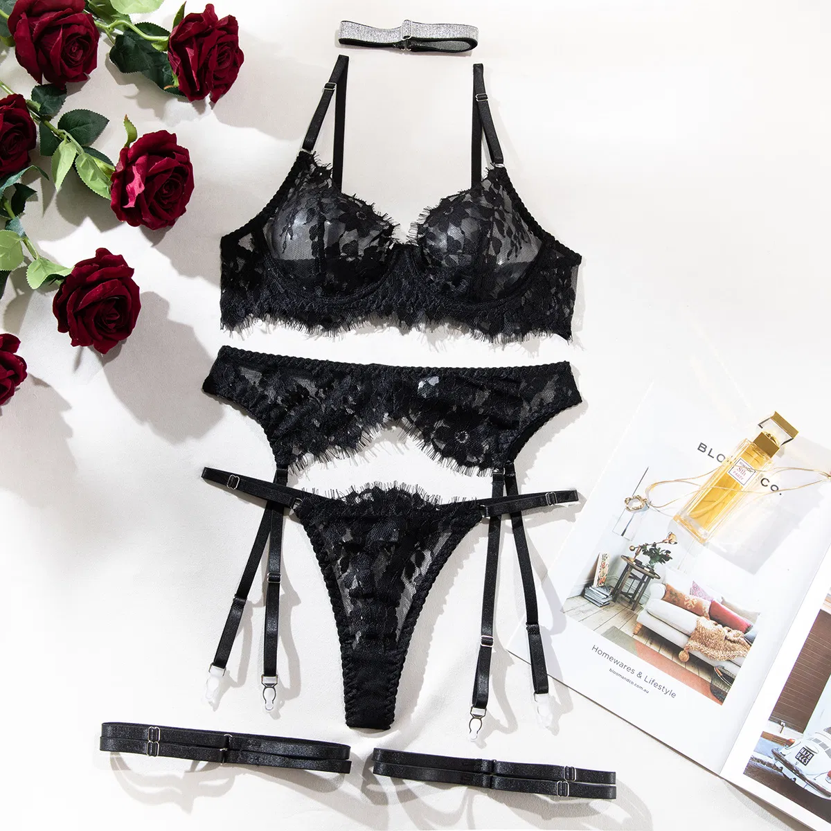 High Quality Transparent Embroidery Underwear Set Sexy Eyelash Lace Solid Color Lingerie