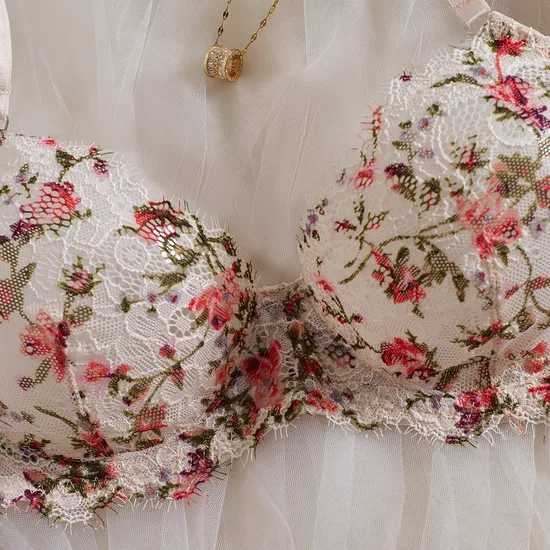 Wholesale Floral Embroidered Underwear Set Sexy See-Through Mesh 2PCS Lingerie
