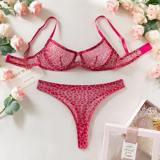 Sexy Women Newest Underwear Set Hot Transparent Mesh Leopard Print Lingerie