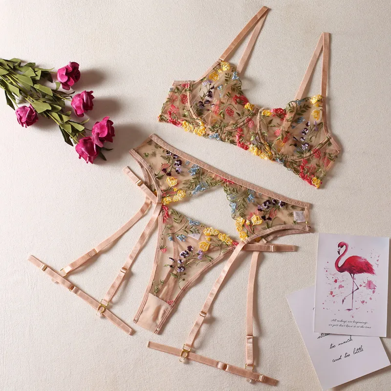 High Quality Transparent Underwear Set Sexy Floral Embroidered Lingerie