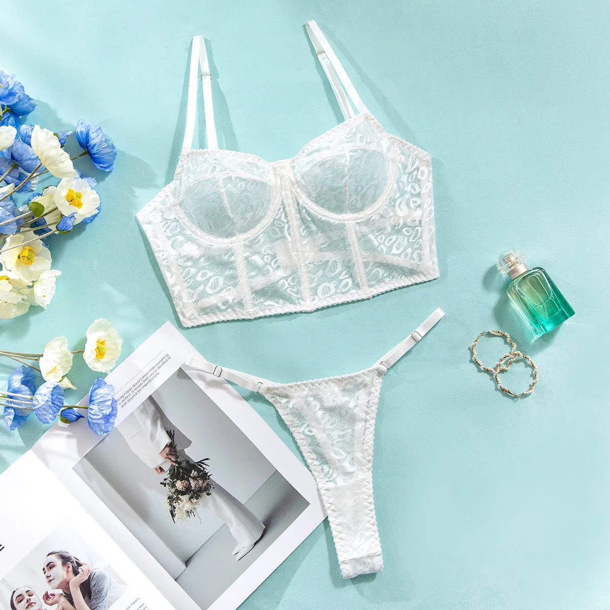Wholesale Eyelash Lace Fishbone Bra Set Sexy Flower Embroidered See-Through Mesh Lingerie