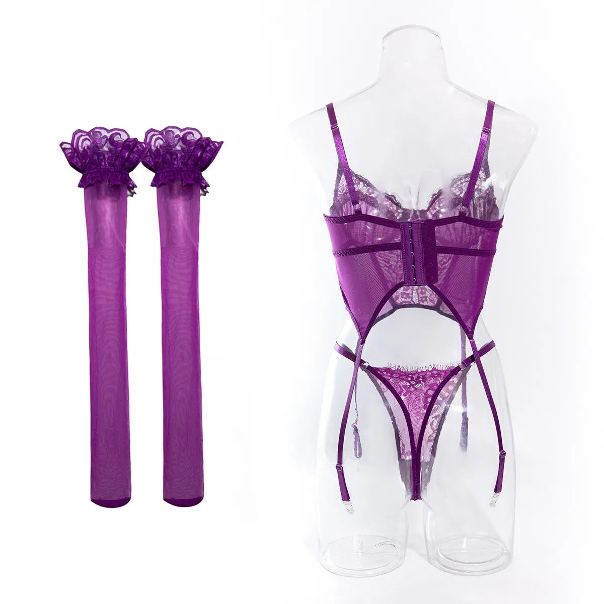 Erotic Sexy Hollow-out See-Thong Underwear Set with Stockings Hot Fish-Bone Woman's Lingerie