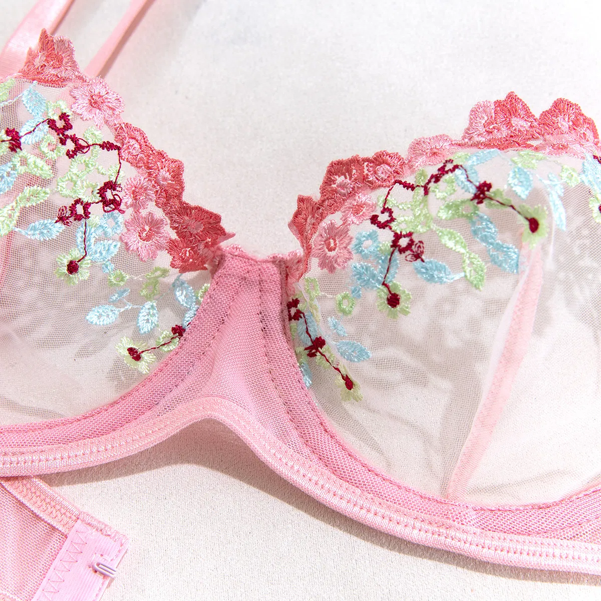 Sexy See-Through Mesh Pink Floral Embroidery Bra Set Hot Selling Women Lingerie