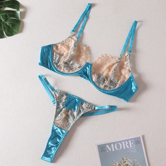 Wholesale Transparent Mesh Underwear Set Sexy Embroidery Floral Lace 2 Piece Lingerie