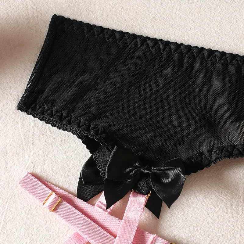 Sexy Bowknot Transparent Mesh Color Contrast Bra Set Hot Selling Garter Belt Woman Lingerie