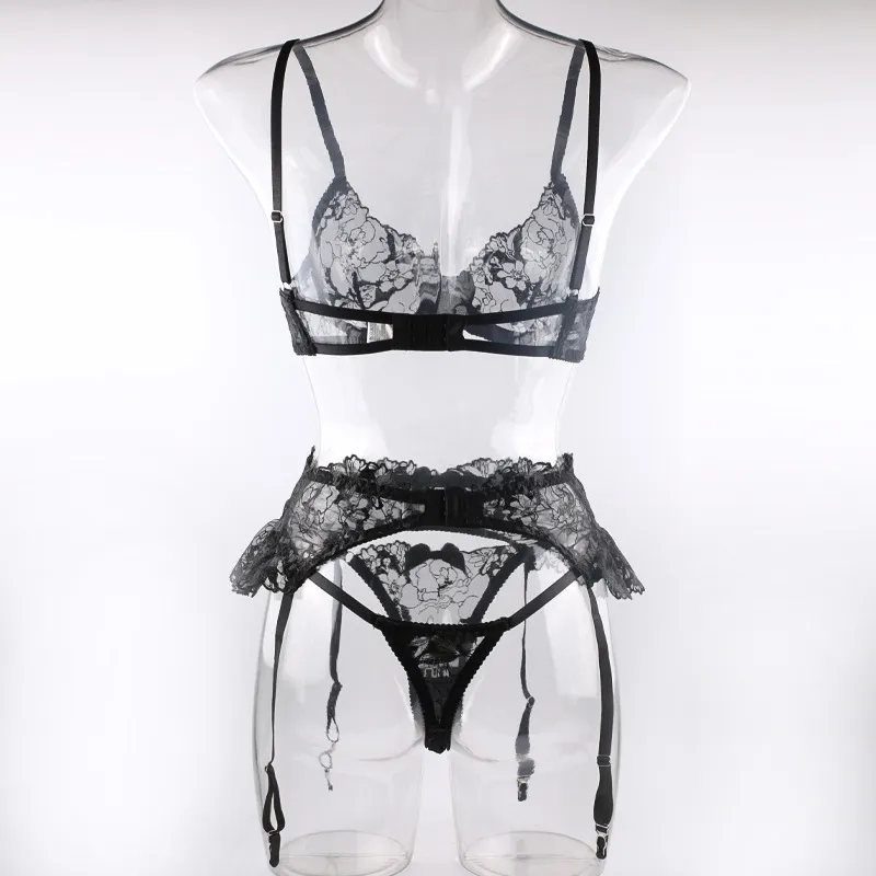 Sexy Embroidery Lace Garters Belt Bra and Panties Set Wholesale See-Through Mesh 3PCS Lingerie