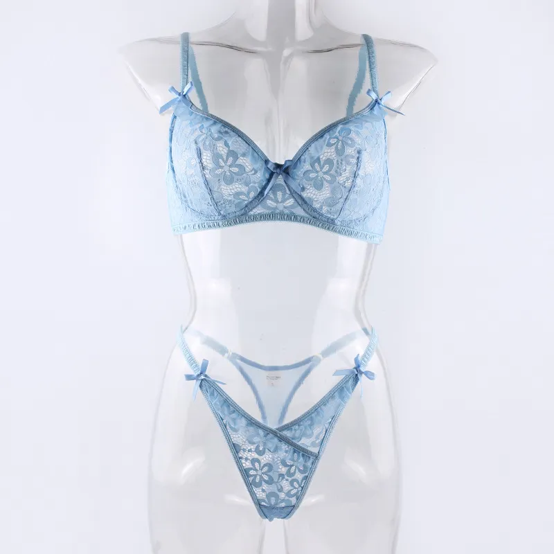 Sexy See-Through Ruffles and Bows Bra Set Hot Selling Delicate Solid Color Woman Lingerie