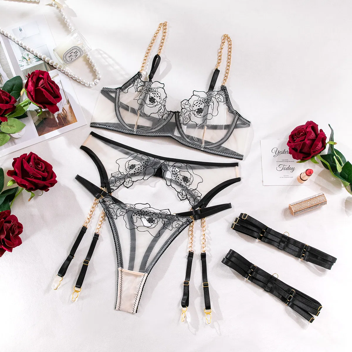 Sexy Embroidery Flower Bra Panty Set Wholesale Metal Chain See-Through Women's Lingerie