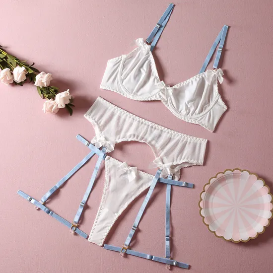 Sexy Bowknot Transparent Mesh Color Contrast Bra Set Hot Selling Garter Belt Woman Lingerie
