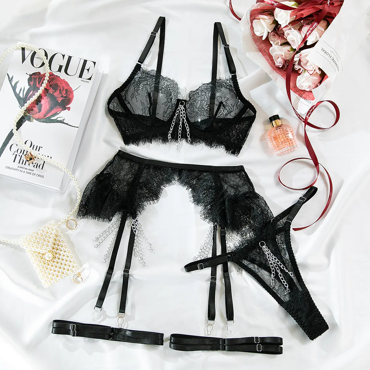 Sexy Embroidery Eyelash Lace Bra and Panties Set Hot See-Through Metal Chain Woman Lingerie