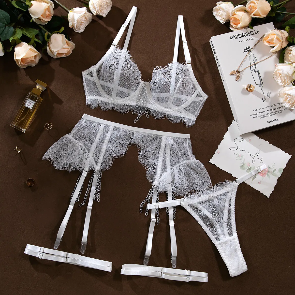 Sexy Embroidery Eyelash Lace Bra and Panties Set Hot See-Through Metal Chain Woman Lingerie