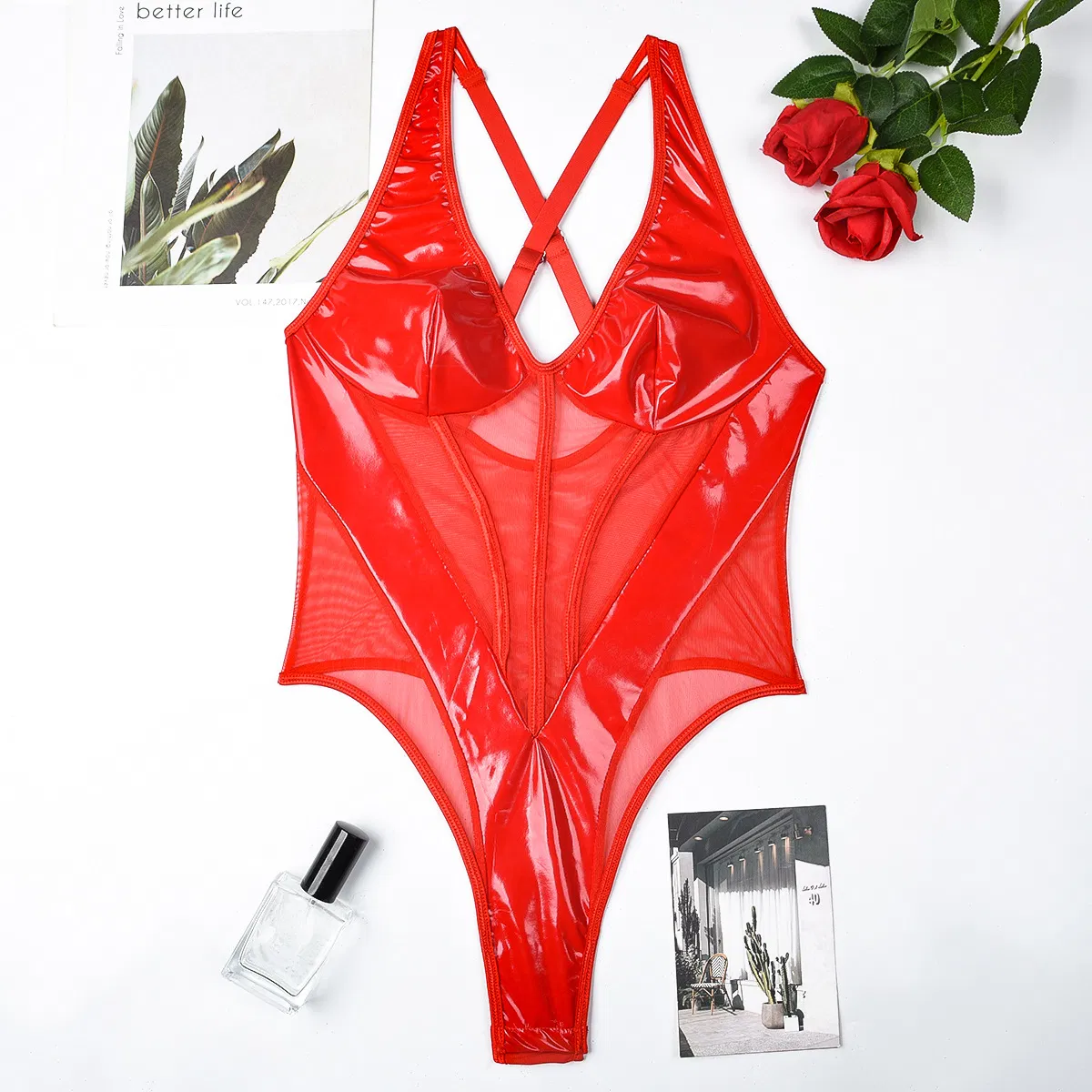 Wholesale Erotic V Neck PU Leather Underwear Set Sexy Sleeveless See-Through Lingerie