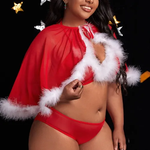 Sexy Perspective Mesh Underwear Set with Robe Wholesale Christmas Woman's Lingerie