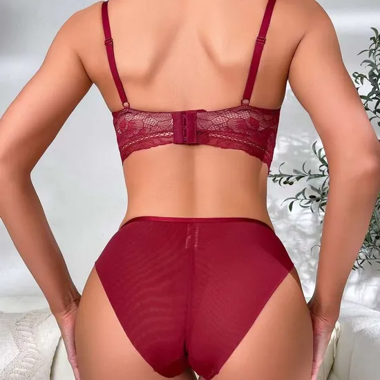 Wholesale French Hollow out Embroidery Lace Trim Sexy Breathable Ultra-Thin Gathering Bra Set Underwear Lingerie