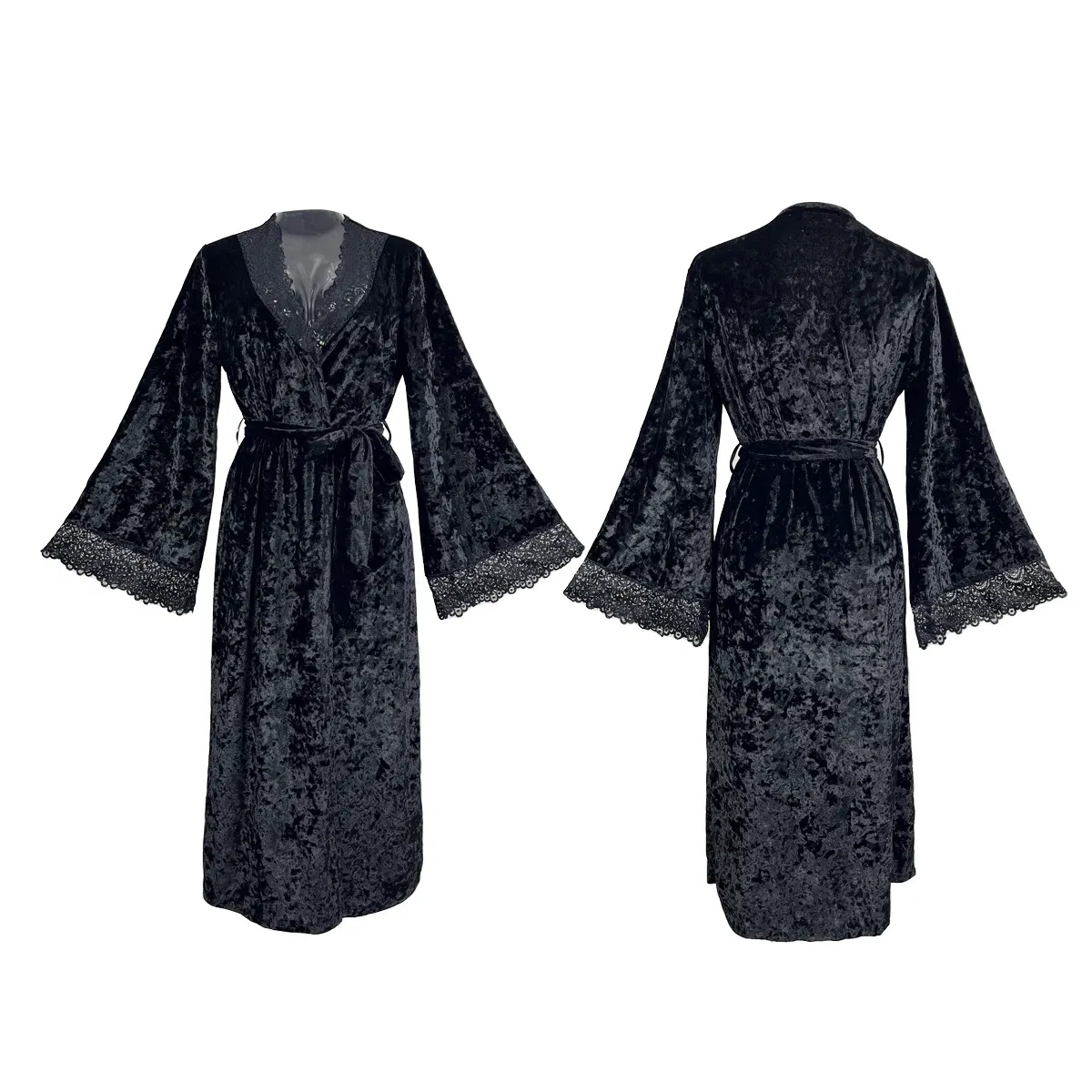 Wholesale Long-Sleeved Sleepwear Nightwear Sexy Microfiber Lace Woman's Robe