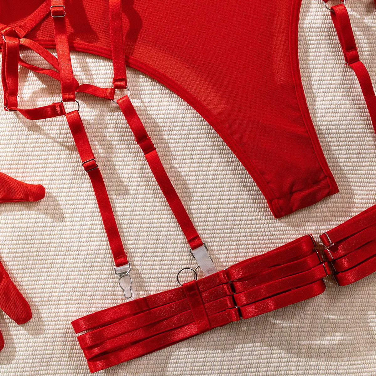 Sexy See-Through Mesh One-Piece Bra Set with Gloves Hot Sale Solid Color Bandage Lingerie
