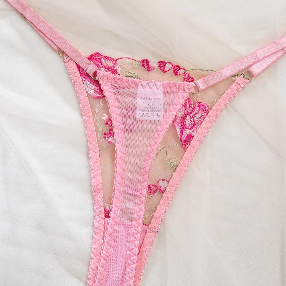 Wholesale Fishbone Transparent Mesh Bra Set Sexy Flower Embroidered Thin Woman Lingerie