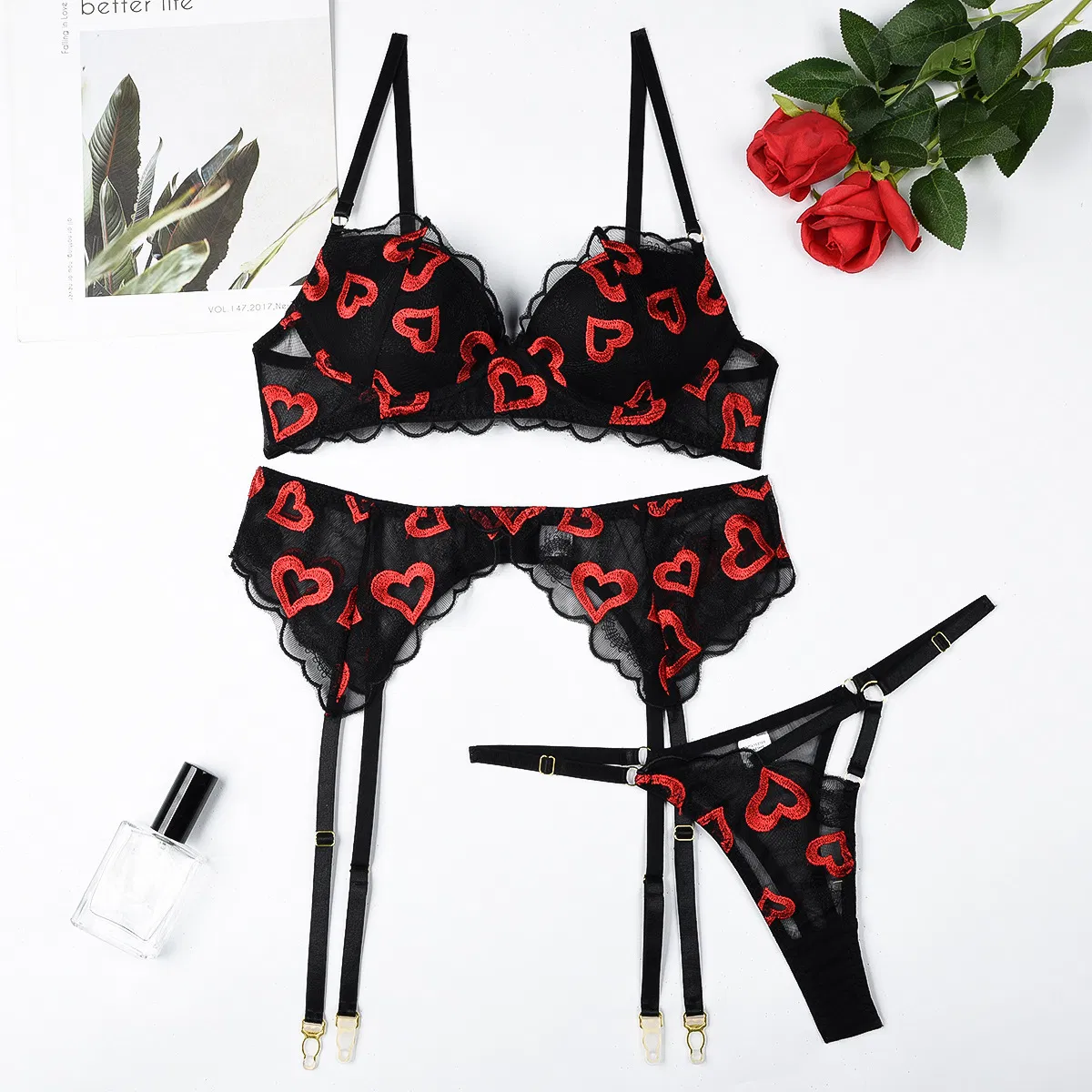 Sexy See-Through Mesh 3 Piece Bra Set Hot Selling Embroidery Woman Lingerie