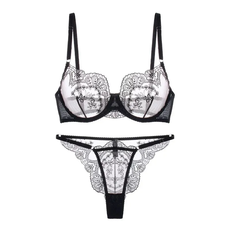 French Romantic Hollow out See-Through Bra Sexy Ultra-Thin Embroidered Set Lace Lingerie