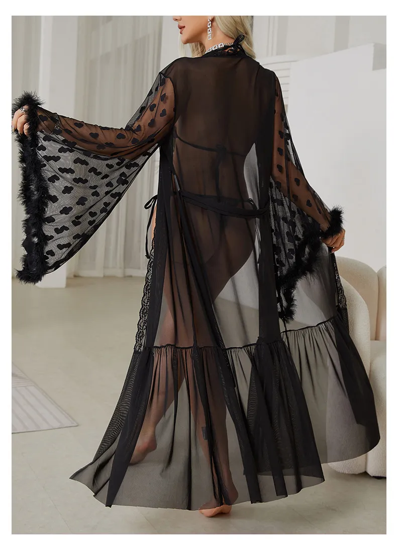 Sexy Long Sleeve Transparent Women Pajamas Sleepwear Wholesale Lace Deep V Bath Robe