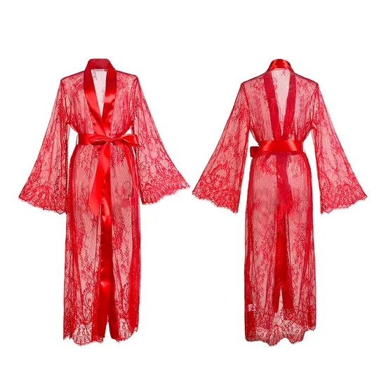 Wholesale Mesh Long Transparent Lace Sleepwear Pajamas Sexy Luxury Women Bath Robe