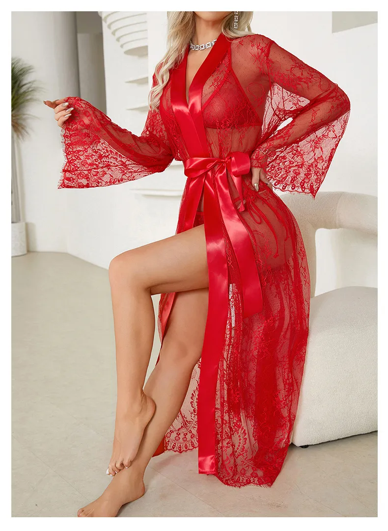 Wholesale Mesh Long Transparent Lace Sleepwear Pajamas Sexy Luxury Women Bath Robe
