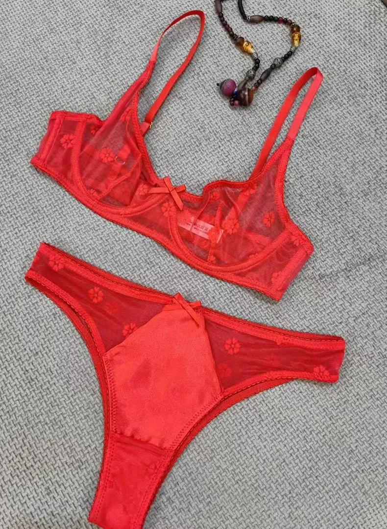 Hot Sell French Flocking Embroidery Lace Ultra-Thin Romantic Seduction for Women Soft Sexy Underwear Bra Set Lingerie