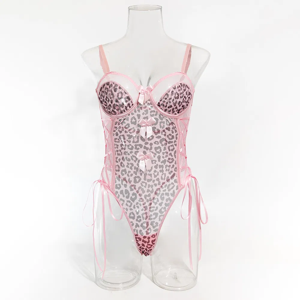New Style Pink Leopard Print Women Bra Set Sexy Bow Tie One Piece Lingerie