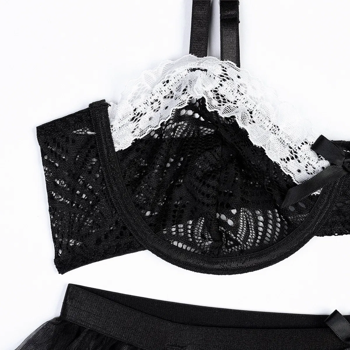 Sexy Transparent Mesh Skirt Woman Bra Set with Stockings New Contrast Color Maid Lingerie