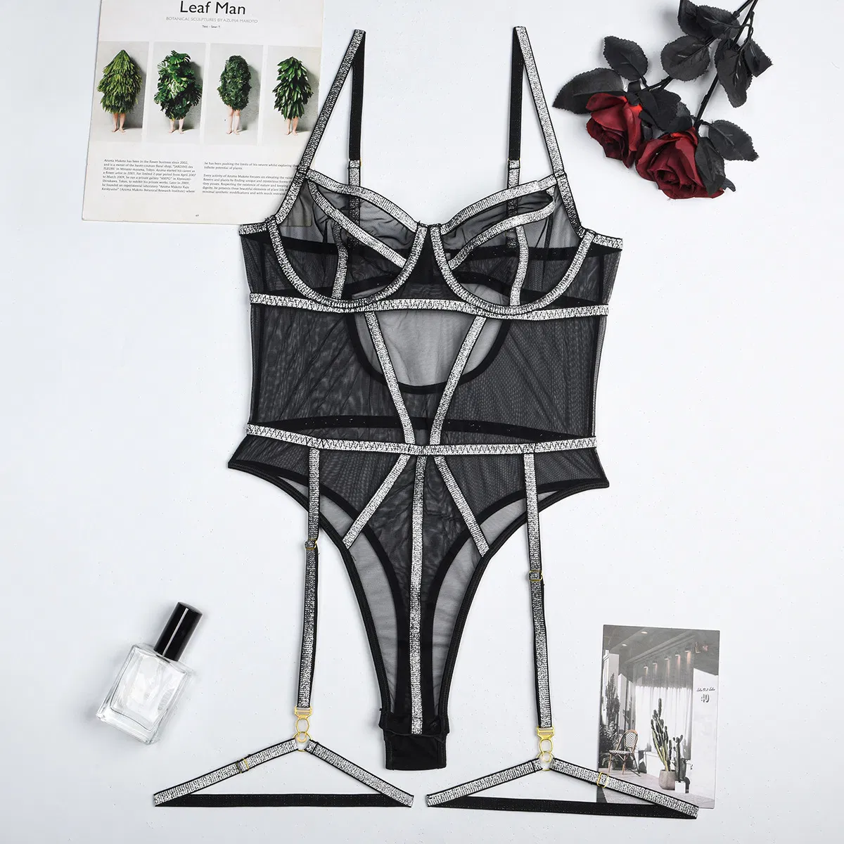 Sexy Wire Lines See-Through Mesh Patchwork Woman Bra Set Hot V-Neck One-Piece Lingerie
