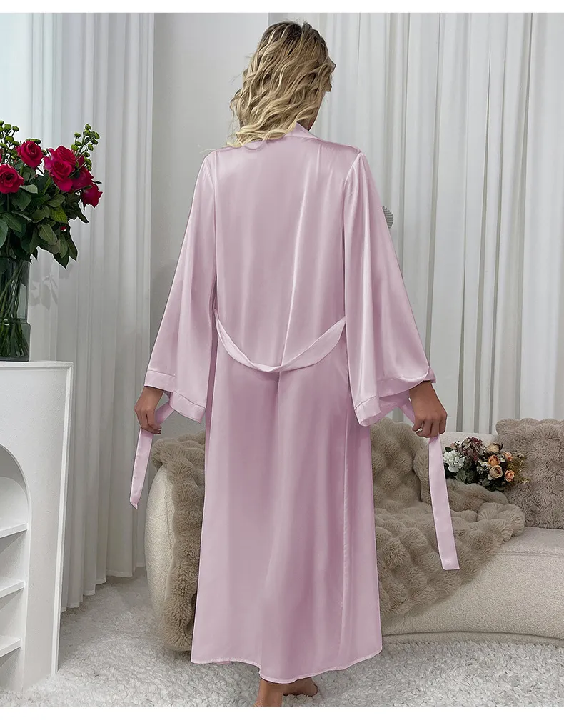 Wholesale Solid Color Satin Sleepwear Sexy Long Sleeve Woman Silk Night Robe