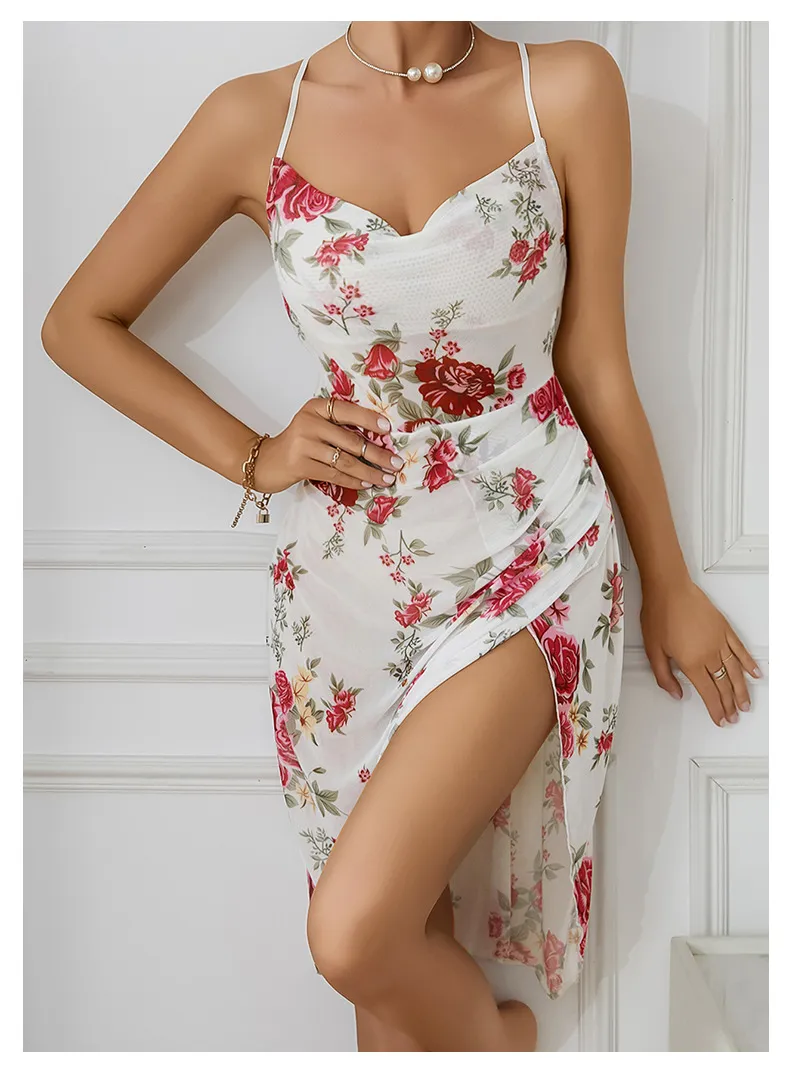 Sexy Flower Print Perspective Mesh Dress Sleepwear Wholesale Suspender Women Nightwear