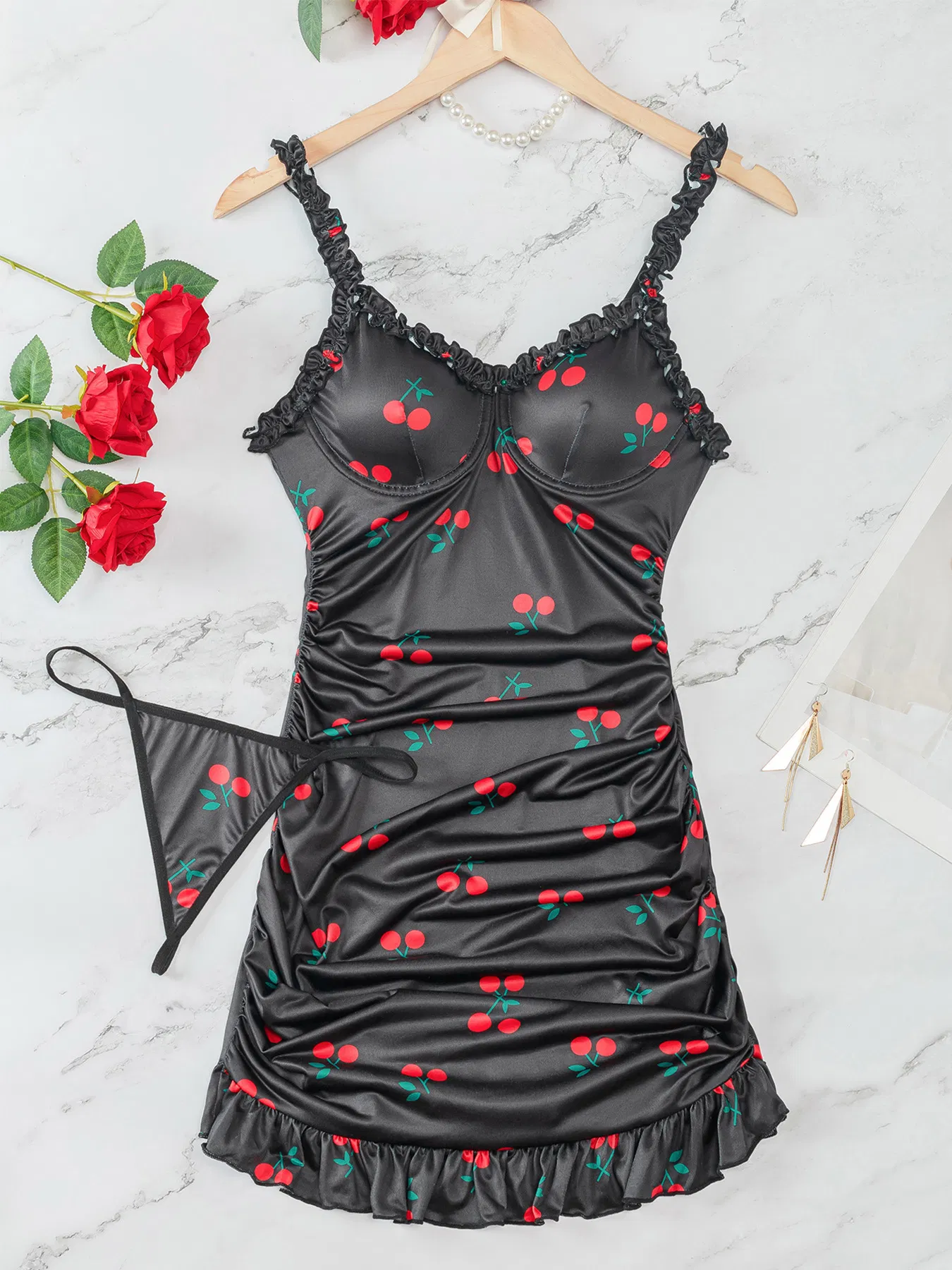 New Cherry Breathable Women's Bra Set Sexy Erotic Quick Dry Long Dress Lingerie