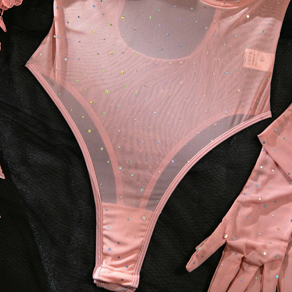 Sexy Perspective Mesh Bra Set with Gloves Hot Sell Sparkle Rhinestone One-Piece Lingerie
