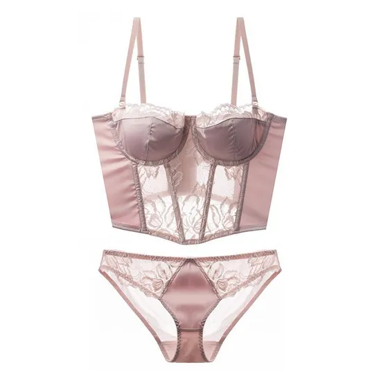 French Solid Color Satin Embroidery Lace Trim Sexy Breathable Patchwork Vest Gathering Bra Underwear Set Sexy Lingerie