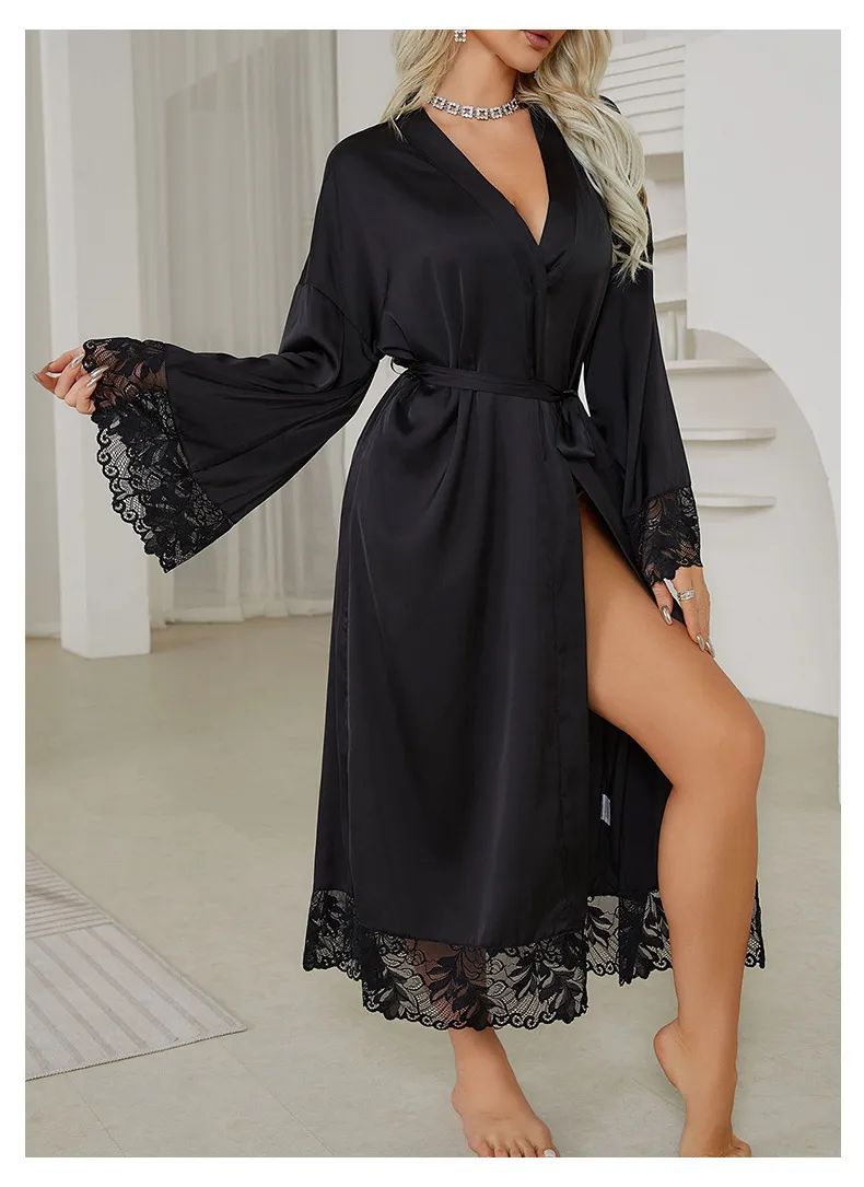 Wholesale Luxury Satin Long-Sleeved Women Sleepwear Nightwear Sexy V-Neck Lace Bath Robe