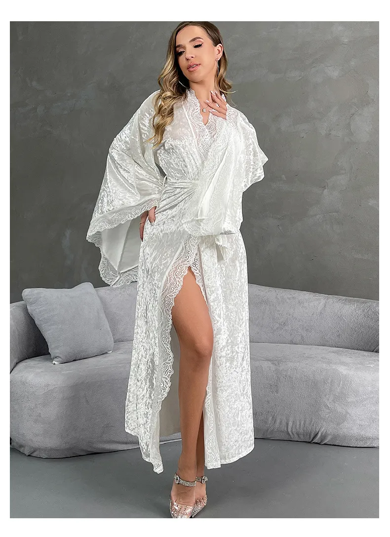 Sexy Luxury Sleepwear Nightwear Wholesale Velvet Lace Long Sleeve Woman Bath Robe