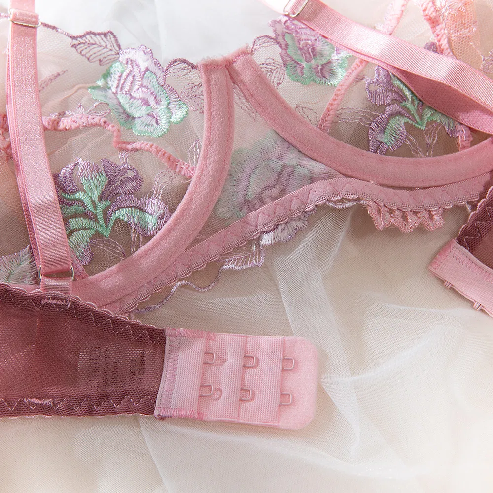 New Design Ultra-Thin Floral Embroidery Underwear Set Sexy Woman 2 Piece Lingerie