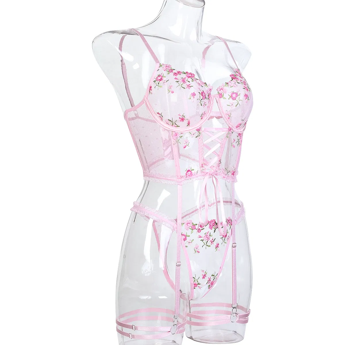 Wholesale Embroidered Floral Fish-Bone Woman Underwear Set Sexy See-Through Cross Strap Lingerie