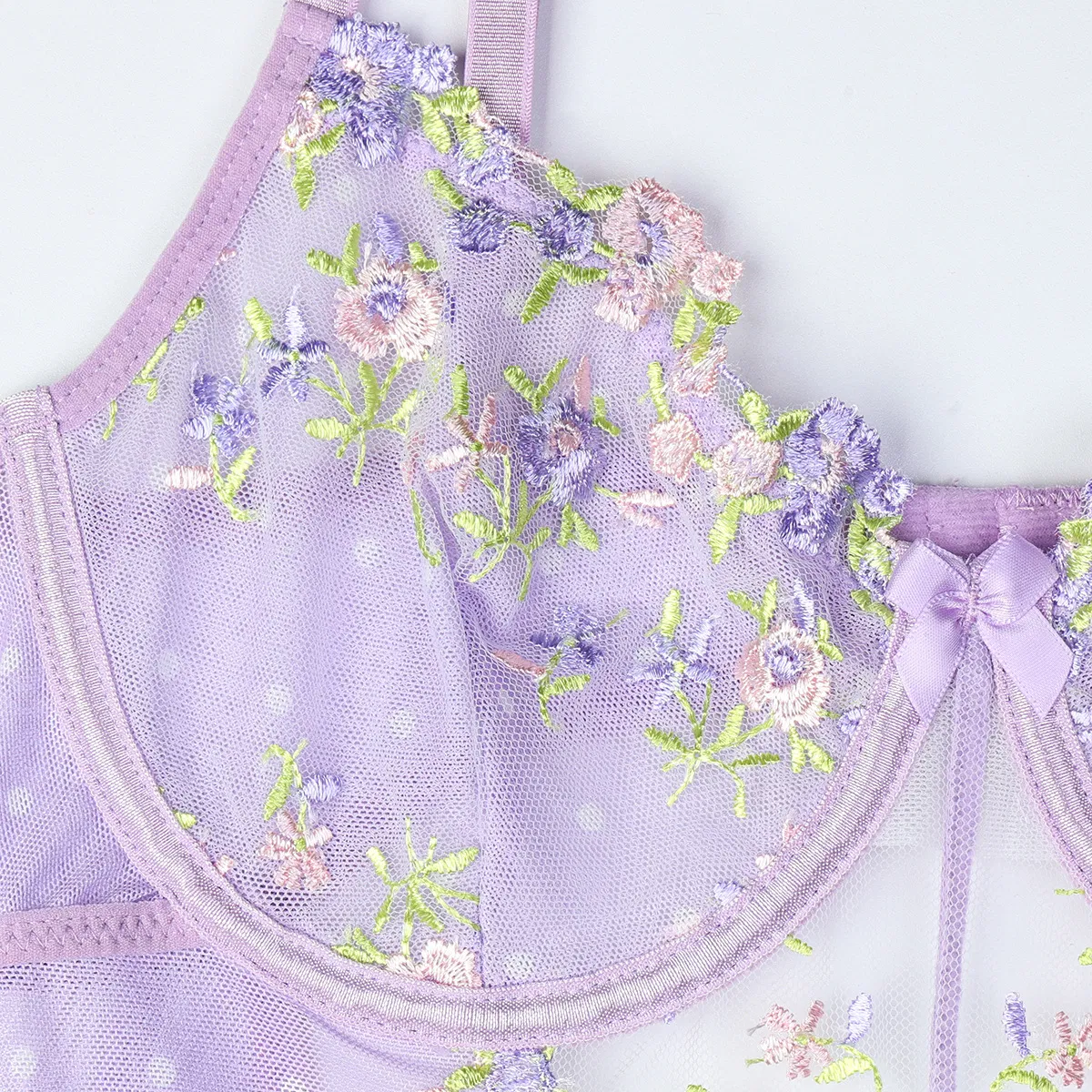 Sexy Embroidered Floral Suspender Bra and Panty Sets Wholesale See-Through Mesh Lingerie